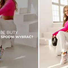 Kobieta w białych spodniach i różowym topie prezentuje białe sneakersy z kolorowymi serduszkami. Idealne pytanie: jakie buty do białych spodni wybrać?