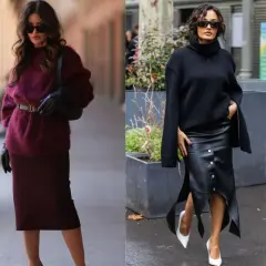 Eleganckie stylizacje: jak nosić sweter do spódnicy. Bordowy sweter z paskiem i ołówkowa spódnica, czarny golf i skórzana spódnica z rozcięciami.