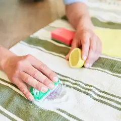 Ręce czyszczą plamę z jagód na dywanie, używając sody i cytryny.