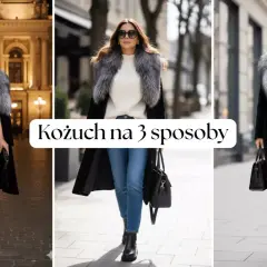 Elegancki kożuch z futrzanym kołnierzem prezentowany w trzech stylizacjach: wieczorowej, casualowej i miejskiej.