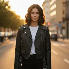 Kobieta w czarnej ramonesce, co to za styl? Klasyczna kurtka skórzana na tle miejskiej ulicy o zachodzie słońca.