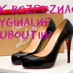 Jak rozpoznać oryginalne Louboutiny? Czarne szpilki na tle pudełka z czerwonym woreczkiem.