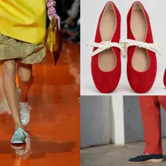 Czerwone baleriny z kokardką i granatowe buty na płaskiej podeszwie. Modelka na wybiegu w srebrnych butach sportowych.