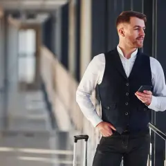 Mężczyzna w czarnej kamizelce garniturowej i białej koszuli trzyma telefon.