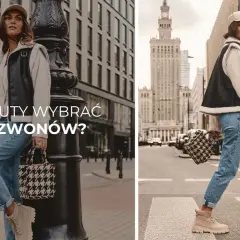 Kobieta w jeansach dzwonach i beżowych traperach, idealne buty do dzwonów. Stylowa miejska stylizacja.