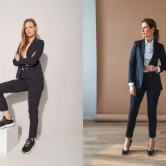 Dwie kobiety w czarnych garniturach. Jedna w sportowych butach, druga w eleganckich szpilkach. Jakie buty do czarnego garnituru?
