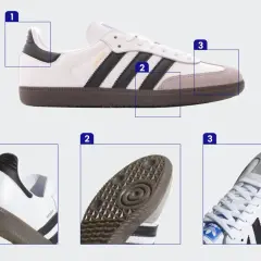 Szczegóły butów Adidas Samba: zapiętek, podeszwa i logo. Dowiedz się, jak sprawdzić, czy buty są oryginalne, zwracając uwagę na detale.