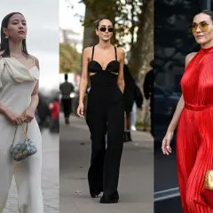Trzy kobiety w eleganckich kombinezonach: białym, czarnym i czerwonym, z modnymi dodatkami.