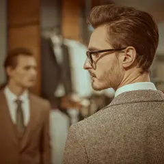 Elegancki mężczyzna w brązowej marynarce w kratę, w tle inny mężczyzna w garniturze. Stylowe brązowa marynarka stylizacje.