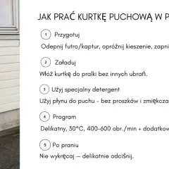 Kobieta w czarnej kurtce puchowej trzyma flagę Norwegii. Obok instrukcja, na jakim programie prać kurtkę: delikatny, 30°C, 400-600 obr./min.