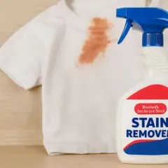 Biała koszulka z brązową plamą obok butelki z napisem "STAIN REMOVER". To najlepszy odplamiacz, który uratuje ubranie.