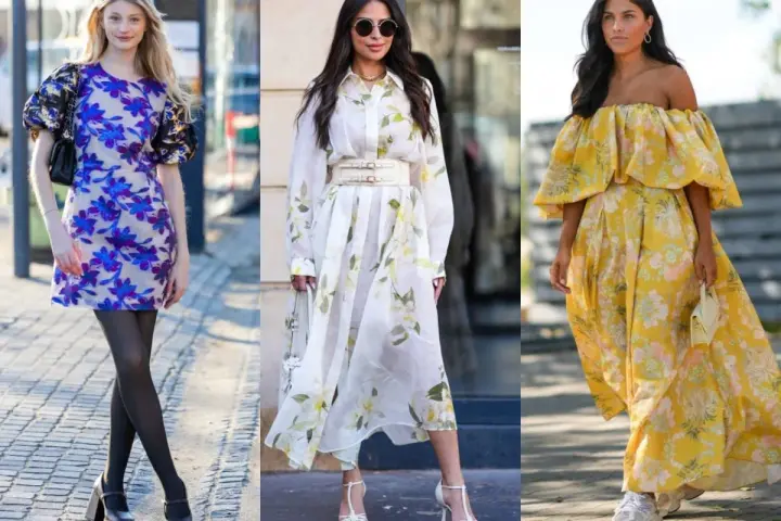 Trzy kobiety w kwiecistych sukienkach. Zastanawiasz się, jakie buty do sukienki w kwiaty? Zobacz inspiracje: eleganckie czółenka, sandałki na obcasie i sportowe sneakersy.
