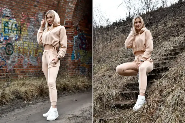 Kobiecy beżowy dres i białe sneakersy – idealne połączenie, które pokazuje, jakie buty do dresów pasują najlepiej.