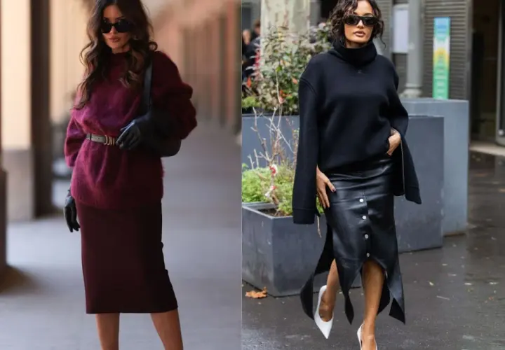 Eleganckie stylizacje: jak nosić sweter do spódnicy. Bordowy sweter z paskiem i ołówkowa spódnica, czarny golf i skórzana spódnica z rozcięciami.