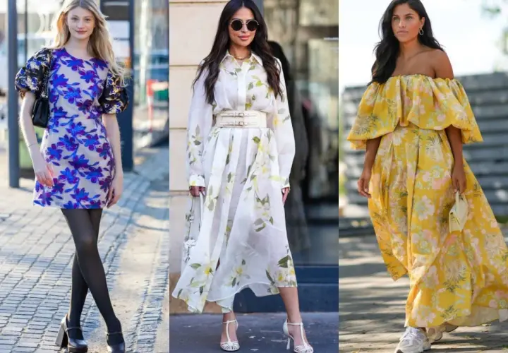 Trzy kobiety w kwiecistych sukienkach. Zastanawiasz się, jakie buty do sukienki w kwiaty? Zobacz inspiracje: eleganckie czółenka, sandałki na obcasie i sportowe sneakersy.