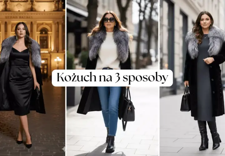 Elegancki kożuch z futrzanym kołnierzem prezentowany w trzech stylizacjach: wieczorowej, casualowej i miejskiej.