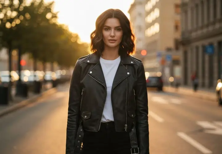 Kobieta w czarnej ramonesce, co to za styl? Klasyczna kurtka skórzana na tle miejskiej ulicy o zachodzie słońca.