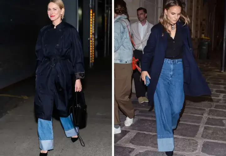 Naomi Watts i Natalie Portman pokazują, jak podwijać nogawki w jeansach, tworząc modny look. Szerokie mankiety dodają stylu.