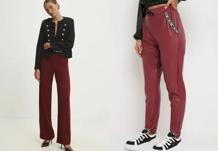Dwie stylizacje z bordowymi spodniami: eleganckie z marynarką i sportowe z ekoskóry.