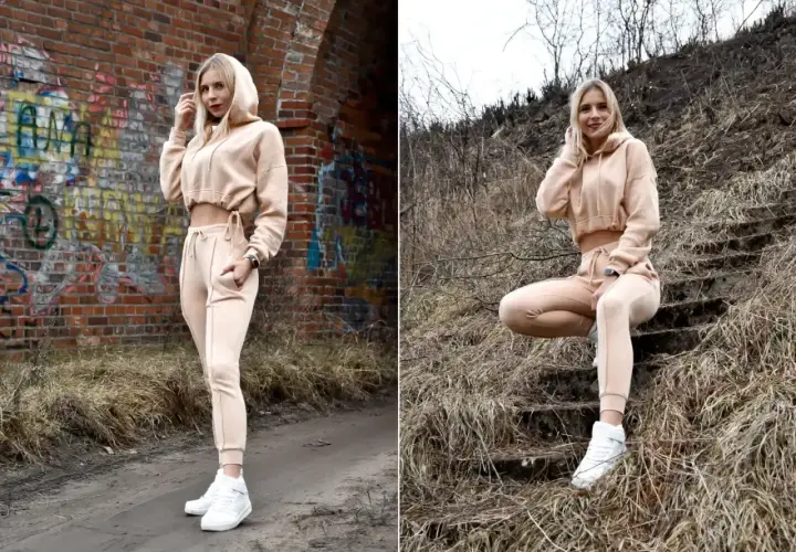 Kobiecy beżowy dres i białe sneakersy – idealne połączenie, które pokazuje, jakie buty do dresów pasują najlepiej.