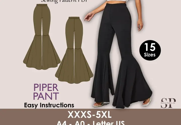 Wzór na spodnie dzwony "Piper Pant" z instrukcjami. Dostępne w 15 rozmiarach.