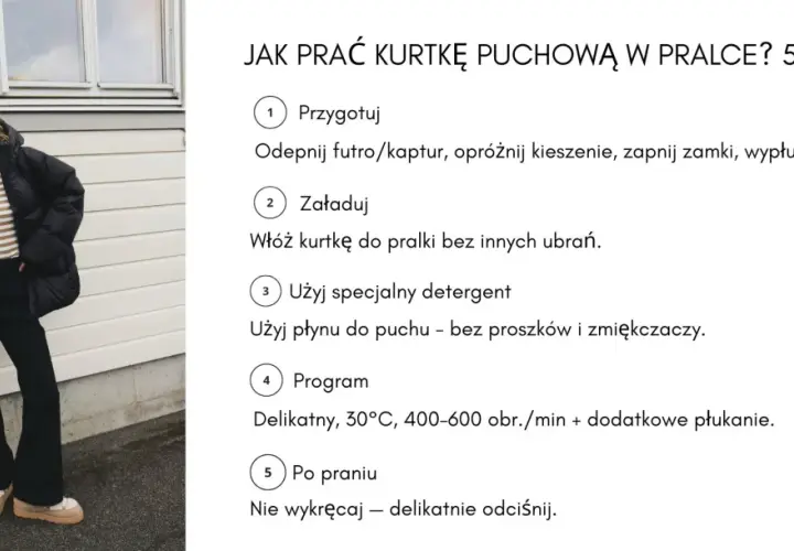 Kobieta w czarnej kurtce puchowej trzyma flagę Norwegii. Obok instrukcja, na jakim programie prać kurtkę: delikatny, 30°C, 400-600 obr./min.