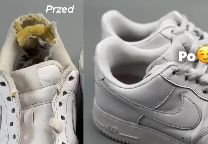 Przed i po renowacji: zniszczona tylna część buta odzyskała dawny blask, wyglądając jak nowa.