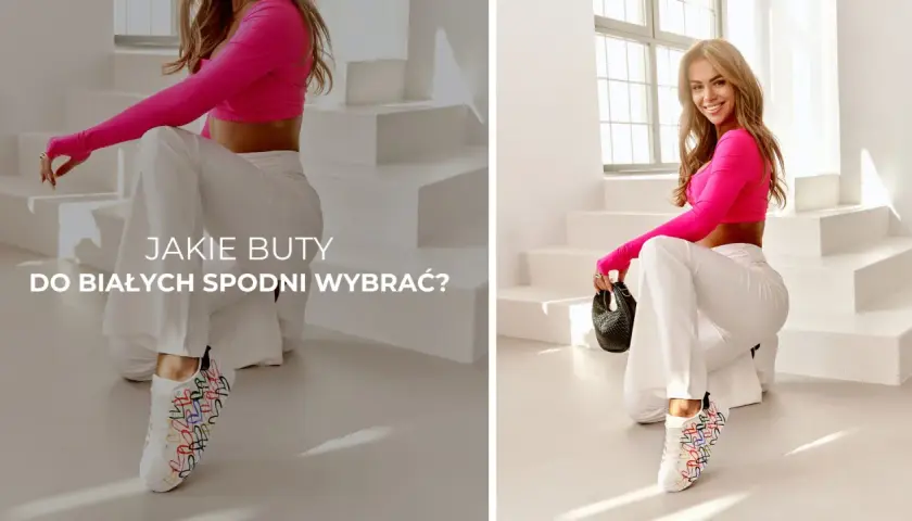 Kobieta w białych spodniach i różowym topie prezentuje białe sneakersy z kolorowymi serduszkami. Idealne pytanie: jakie buty do białych spodni wybrać?