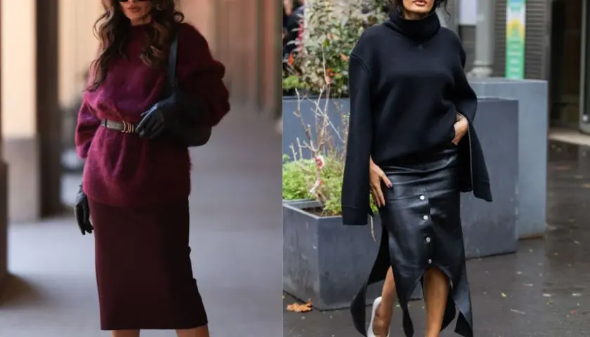 Eleganckie stylizacje: jak nosić sweter do spódnicy. Bordowy sweter z paskiem i ołówkowa spódnica, czarny golf i skórzana spódnica z rozcięciami.