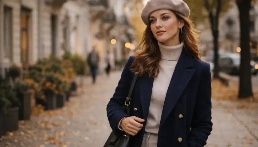Elegancka kobieta w beżowym beretcie i granatowym płaszczu spaceruje po jesiennej ulicy. Pokazuje, jak założyć beret, by wyglądać stylowo.