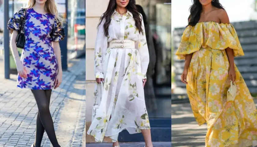 Trzy kobiety w kwiecistych sukienkach. Zastanawiasz się, jakie buty do sukienki w kwiaty? Zobacz inspiracje: eleganckie czółenka, sandałki na obcasie i sportowe sneakersy.