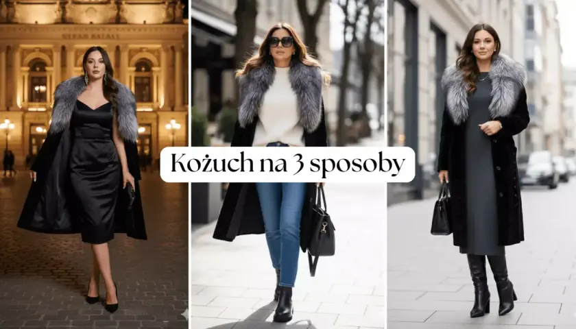 Elegancki kożuch z futrzanym kołnierzem prezentowany w trzech stylizacjach: wieczorowej, casualowej i miejskiej.