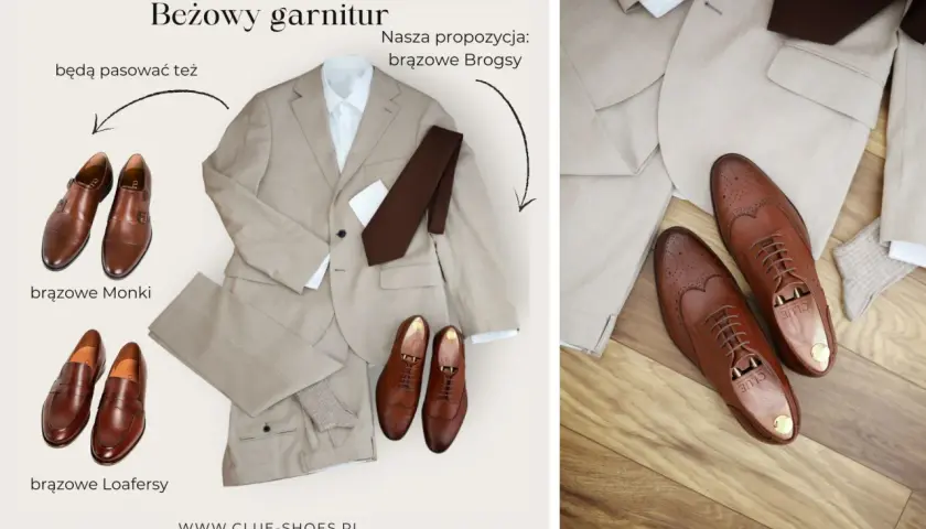 Beżowy garnitur i propozycje brązowych butów: Monki, Loafersy i Brogsy. Idealne jakie buty do beżowego garnituru.