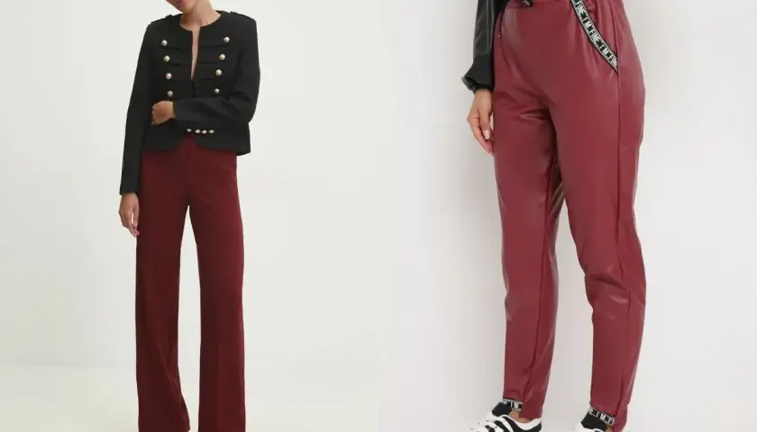 Dwie stylizacje z bordowymi spodniami: eleganckie z marynarką i sportowe z ekoskóry.