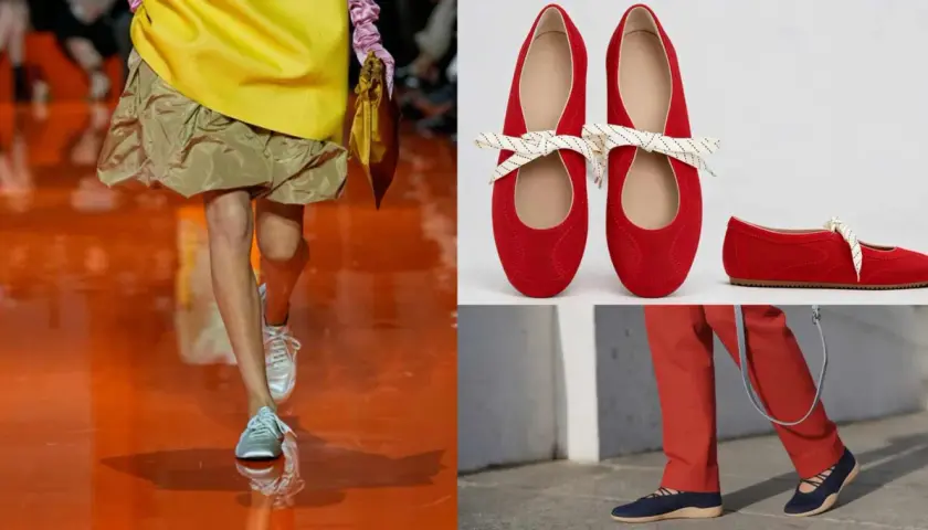 Czerwone baleriny z kokardką i granatowe buty na płaskiej podeszwie. Modelka na wybiegu w srebrnych butach sportowych.