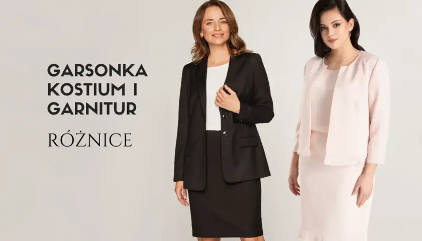 Elegancka garsonka w kolorze czarnym i pudrowym różu. Dwie kobiety prezentują różne modele kostiumów.