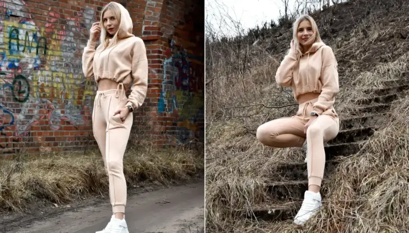 Kobiecy beżowy dres i białe sneakersy – idealne połączenie, które pokazuje, jakie buty do dresów pasują najlepiej.
