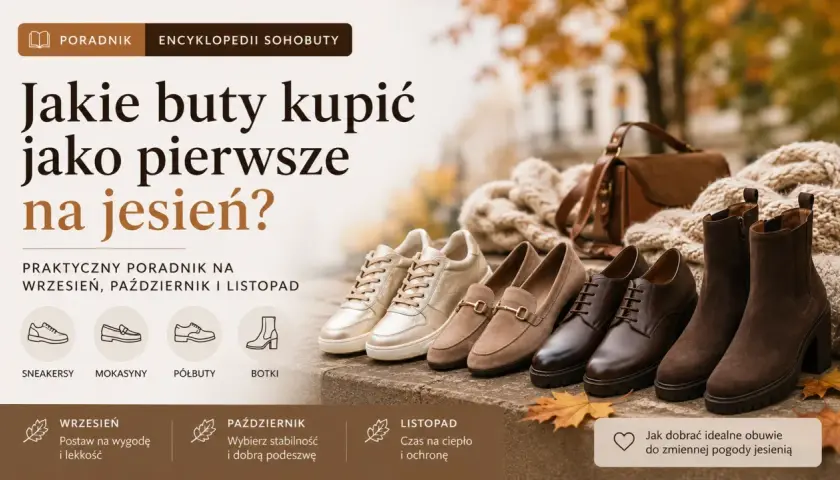 Różne rodzaje butów na jesień: złote sneakersy, beżowe mokasyny, brązowe półbuty i botki. Poradnik, jakie buty kupić jako pierwsze na jesień.