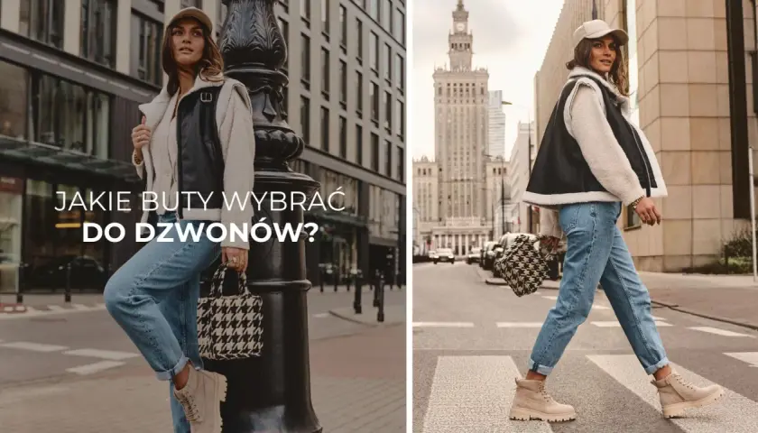 Kobieta w jeansach dzwonach i beżowych traperach, idealne buty do dzwonów. Stylowa miejska stylizacja.