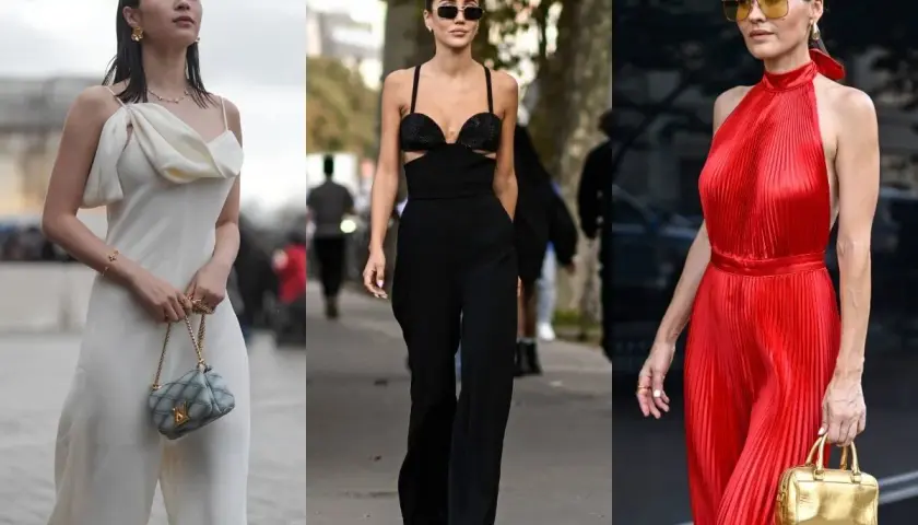 Trzy kobiety w eleganckich kombinezonach: białym, czarnym i czerwonym, z modnymi dodatkami.