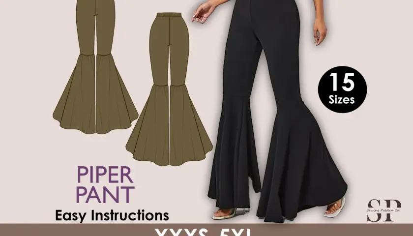 Wzór na spodnie dzwony "Piper Pant" z instrukcjami. Dostępne w 15 rozmiarach.
