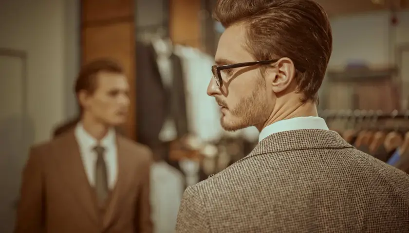Elegancki mężczyzna w brązowej marynarce w kratę, w tle inny mężczyzna w garniturze. Stylowe brązowa marynarka stylizacje.