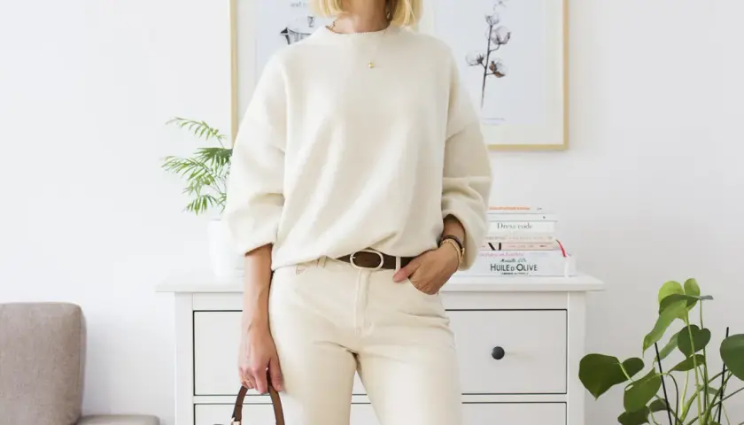 Eleganckie biały sweter stylizacje: luźny sweter, beżowe spodnie, brązowy pasek i torebka.