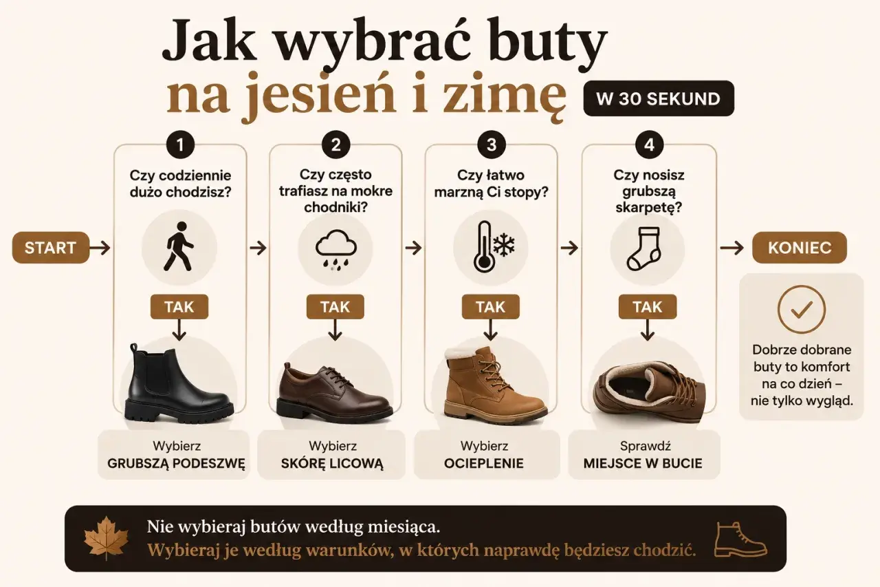 Jakie buty na zimę? Schemat podpowiada: wybierz grubsze podeszwy, skórę licową, ocieplenie i sprawdź miejsce w bucie. Komfort to podstawa!