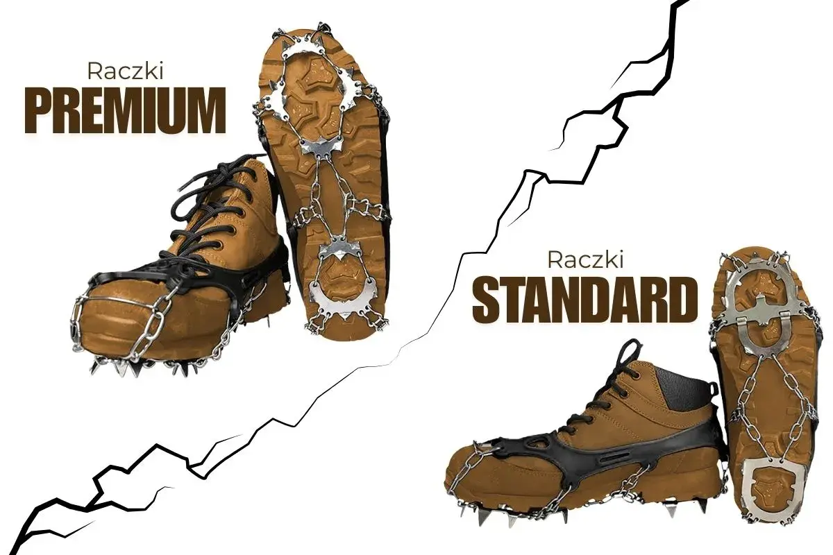 Brązowe buty z zamontowanymi raczkami, wersje Premium i Standard. Idealne na zimowe wędrówki, zapewniające pewność kroków na lodzie i śniegu.