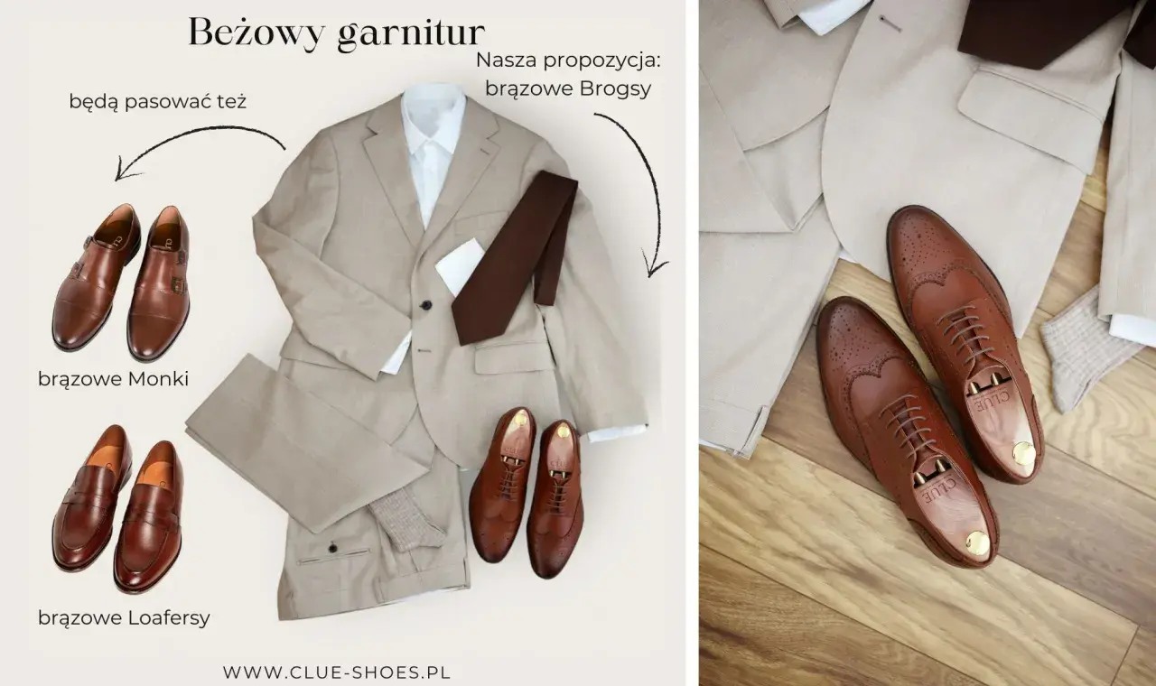 Beżowy garnitur i propozycje brązowych butów: Monki, Loafersy i Brogsy. Idealne jakie buty do beżowego garnituru.