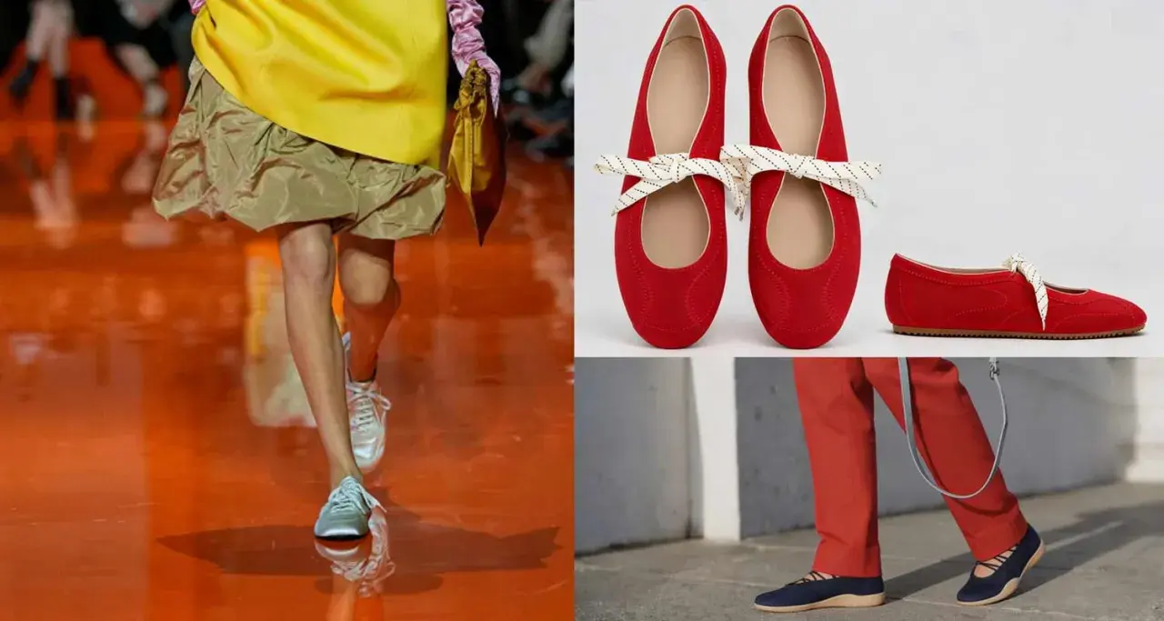 Czerwone baleriny z kokardką i granatowe buty na płaskiej podeszwie. Modelka na wybiegu w srebrnych butach sportowych.