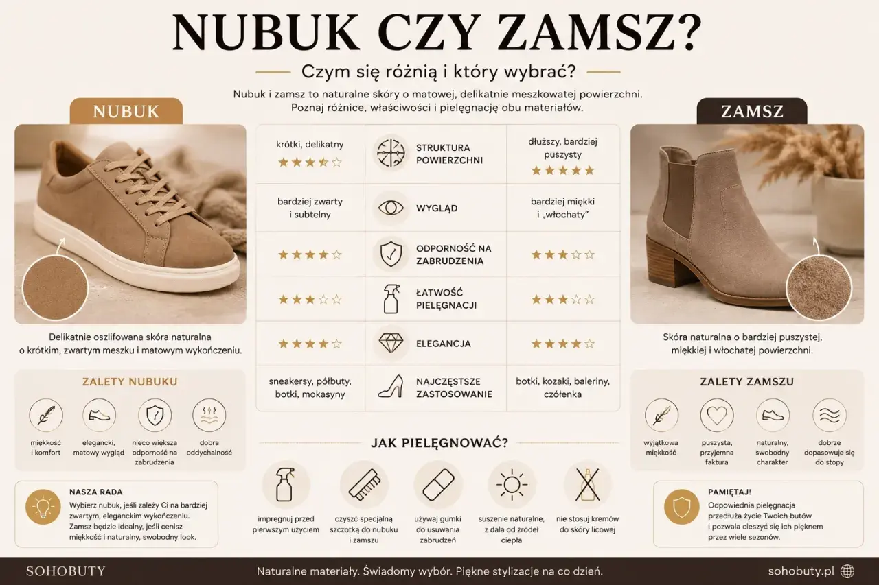 Porównanie nubuku i zamszu: nubuk to delikatnie oszlifowana skóra o krótkim, zwartym meszku, zamsz jest bardziej puszysty i miękki.