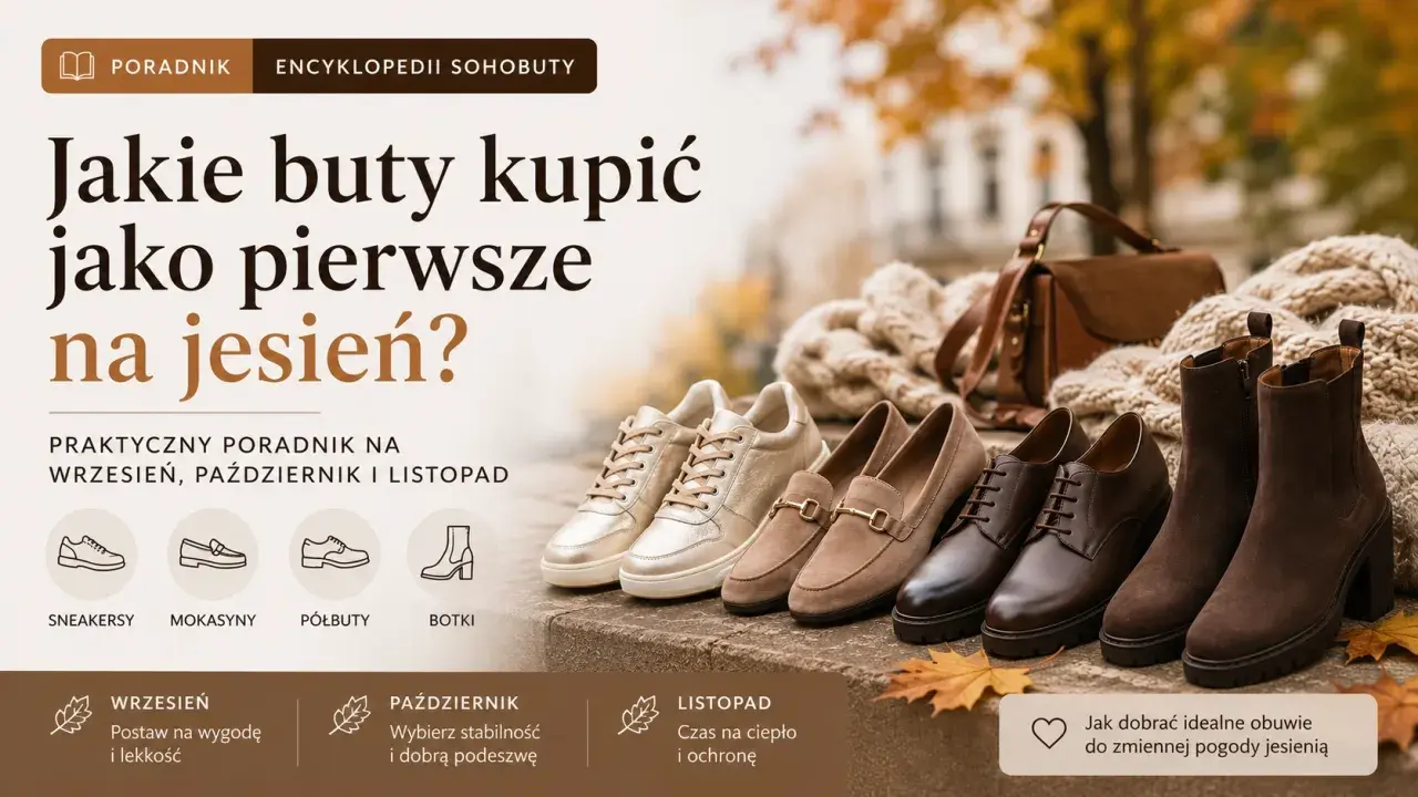 Różne rodzaje butów na jesień: złote sneakersy, beżowe mokasyny, brązowe półbuty i botki. Poradnik, jakie buty kupić jako pierwsze na jesień.