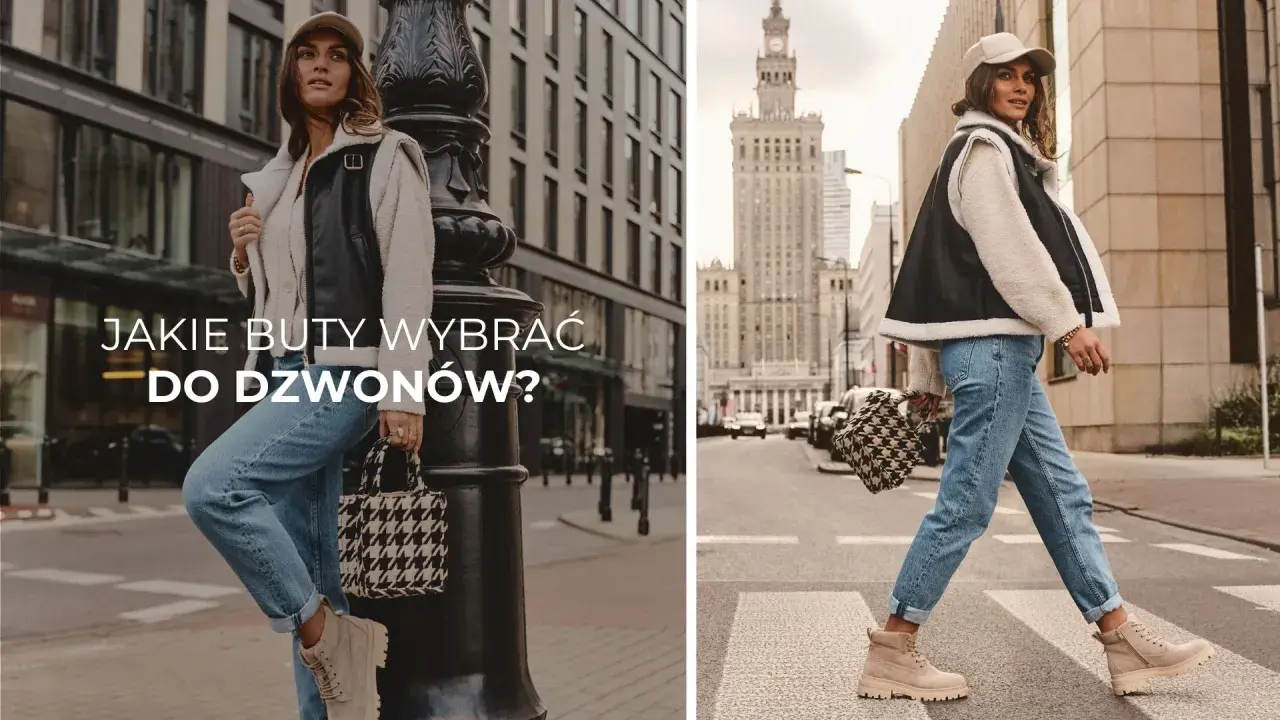 Kobieta w jeansach dzwonach i beżowych traperach, idealne buty do dzwonów. Stylowa miejska stylizacja.
